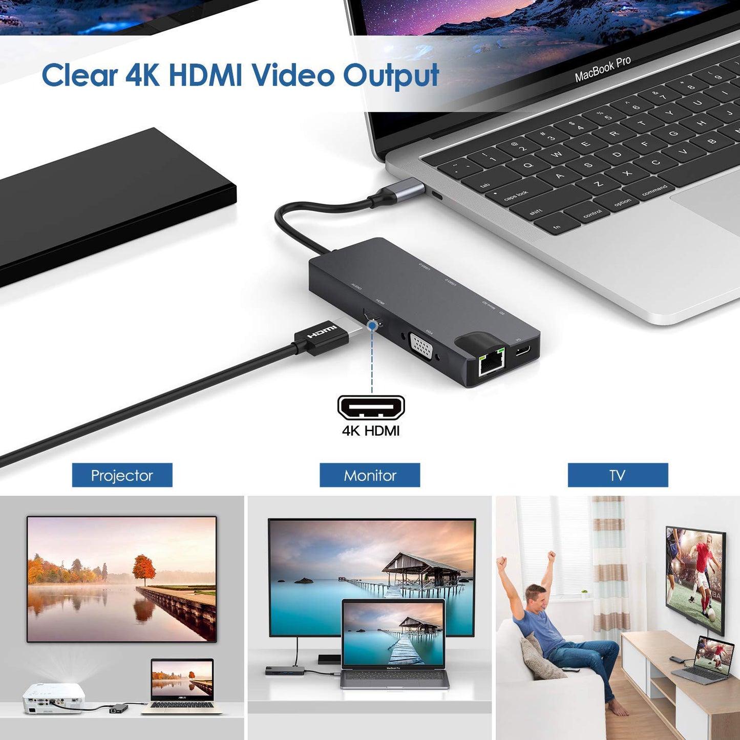 Multi-Function USB-C Hub with HDMI, VGA, Card Reader, Gigabit LAN & Charging Port
