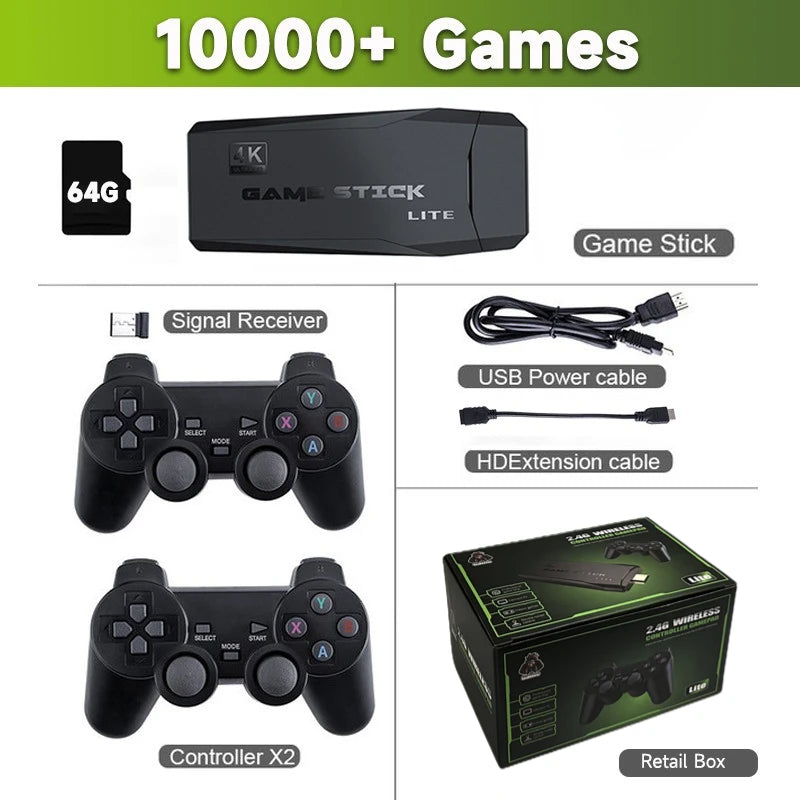 Video Game Stick Lite 4K HD Retro Console with 64GB & Dual Wireless Controllers – 10,000+ Classic Games