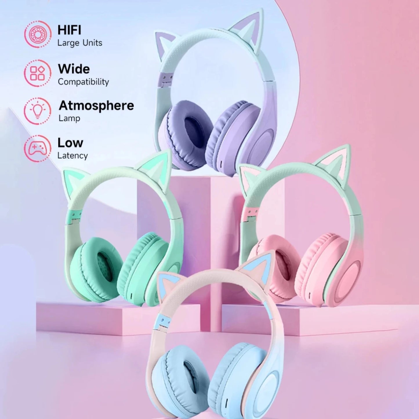 Gradient Color Cat Ear -Mounted Bluetooth 5.3 HIFI Sound Quality ANC Noise Reduction Folding Entertainment Headphones