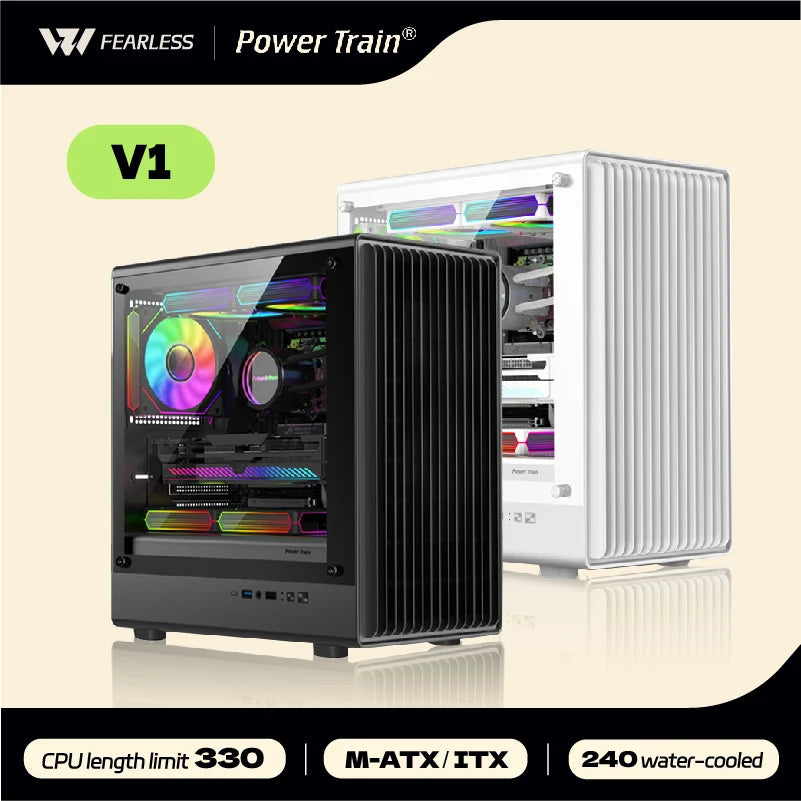 Power Train V1 MATX/ITX PC Case – Tempered Glass, Vertical Chassis, 240/280mm Water Cooling Support
