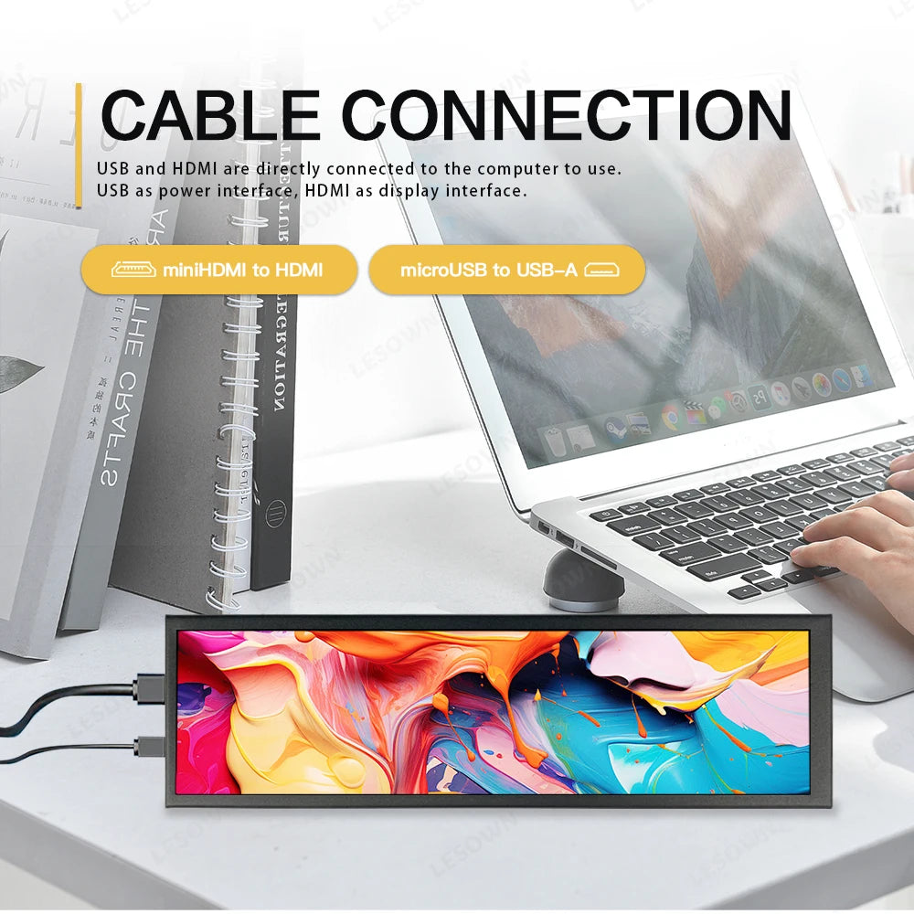 LESOWN Aida64 8.8 inch 1920x480 Stretched Bar LCD Long Strip HDMI Display Small USB Monitor for Temp Monitoring Window PC Laptop
