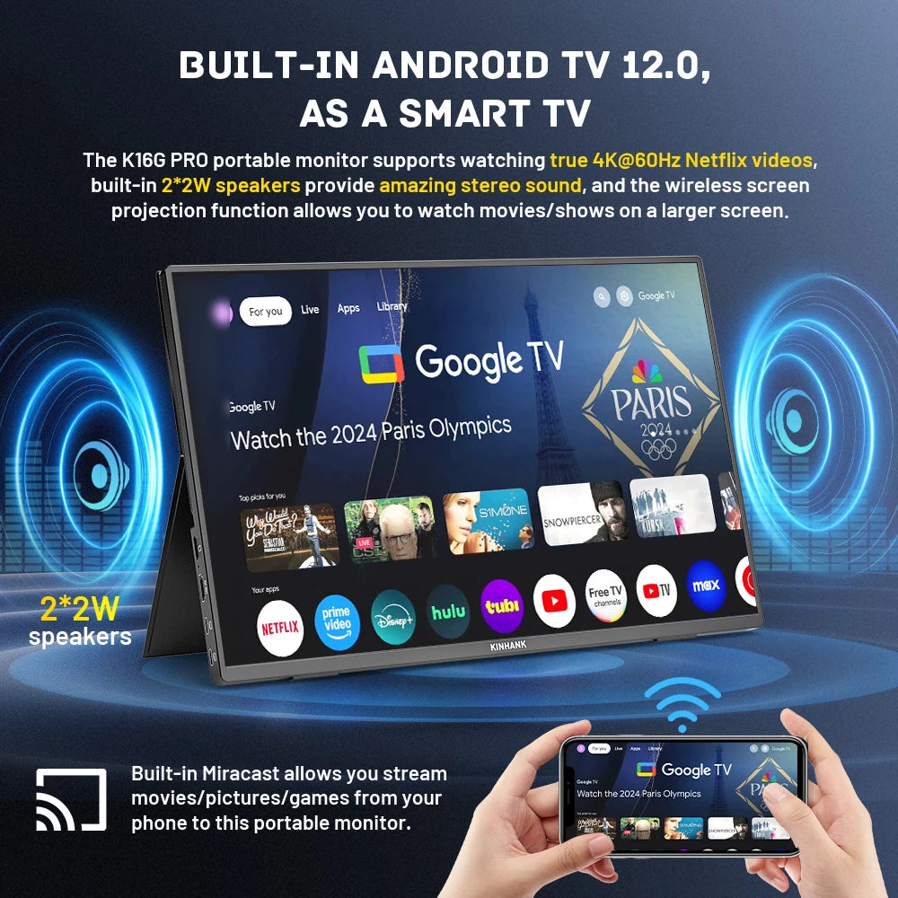 16" 2.5K Portable Monitor - HDR10, 144Hz, USB-C, HDMI, Google TV OS