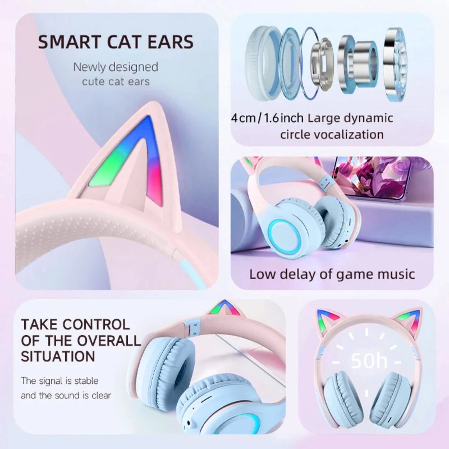 Gradient Color Cat Ear -Mounted Bluetooth 5.3 HIFI Sound Quality ANC Noise Reduction Folding Entertainment Headphones