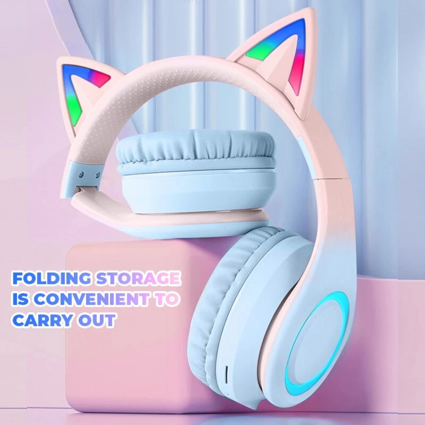 Gradient Color Cat Ear -Mounted Bluetooth 5.3 HIFI Sound Quality ANC Noise Reduction Folding Entertainment Headphones