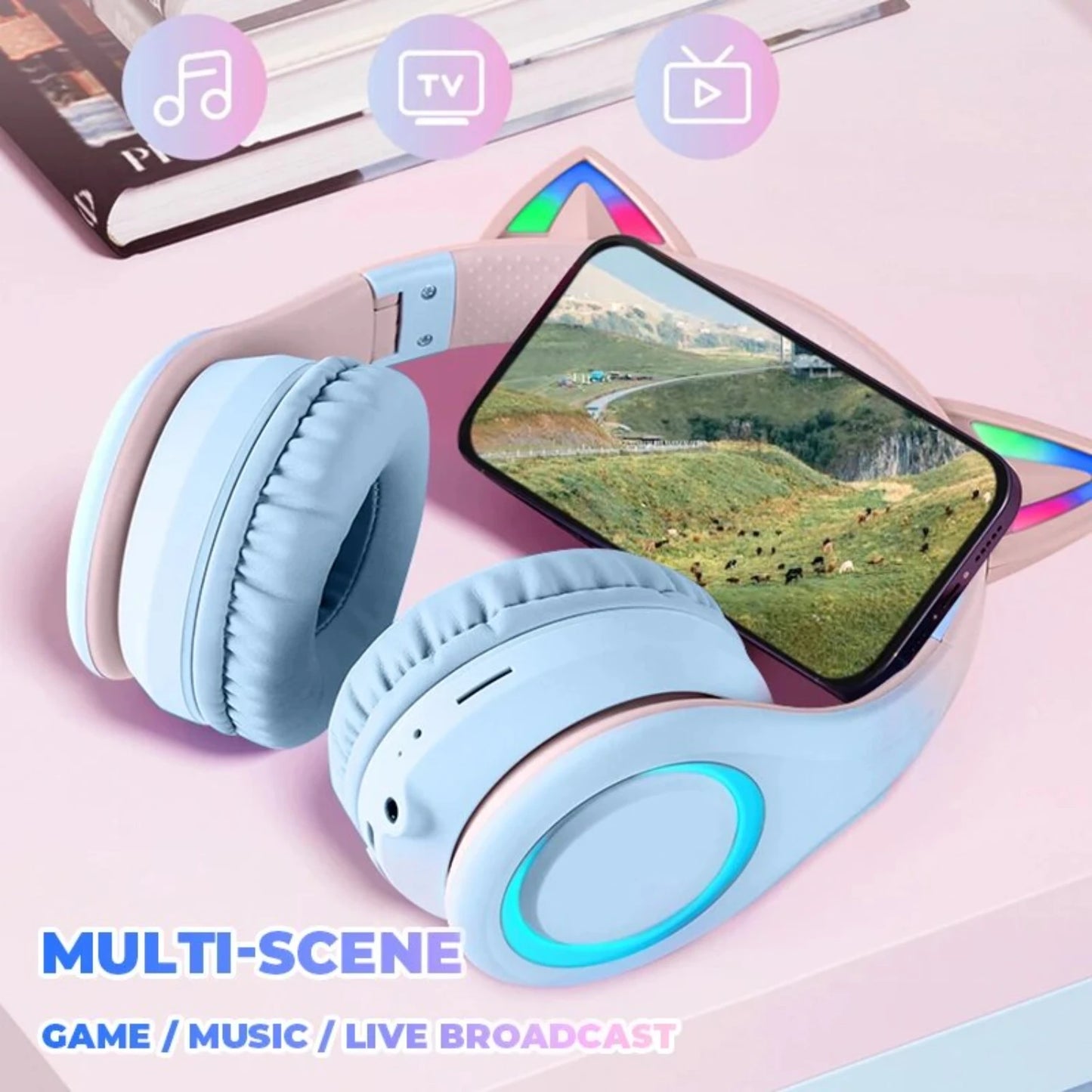 Gradient Color Cat Ear -Mounted Bluetooth 5.3 HIFI Sound Quality ANC Noise Reduction Folding Entertainment Headphones