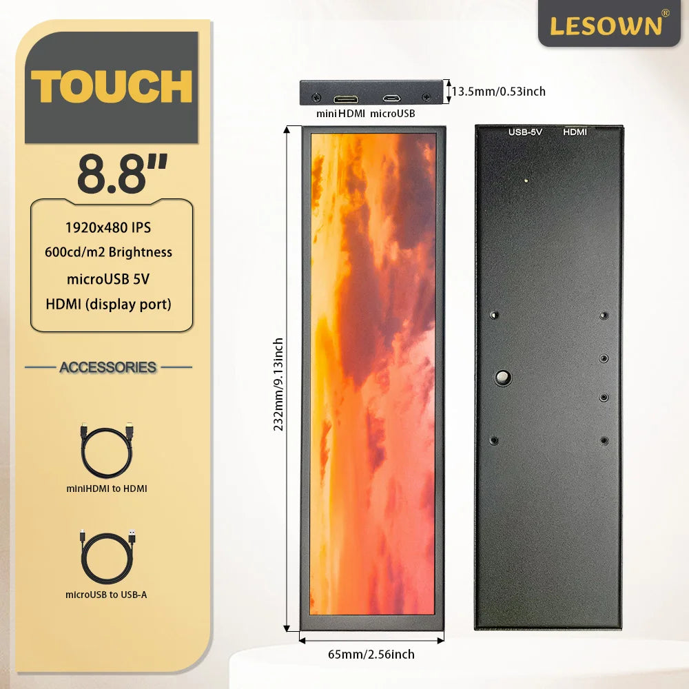 LESOWN Aida64 8.8 inch 1920x480 Stretched Bar LCD Long Strip HDMI Display Small USB Monitor for Temp Monitoring Window PC Laptop