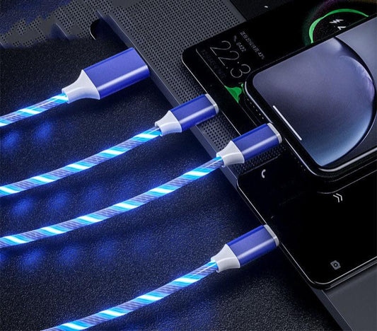 3-in-1 LED Flowing Light Charging Cable - Micro USB, Type-C & iPhone Connectors (Fast Charge, 1.25m)