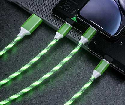 3-in-1 LED Flowing Light Charging Cable - Micro USB, Type-C & iPhone Connectors (Fast Charge, 1.25m)