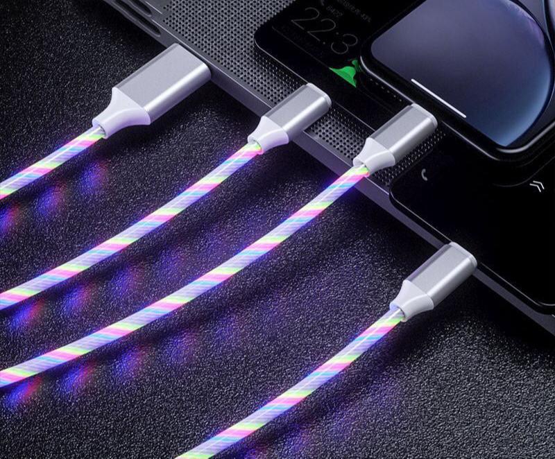 3-in-1 LED Flowing Light Charging Cable - Micro USB, Type-C & iPhone Connectors (Fast Charge, 1.25m)