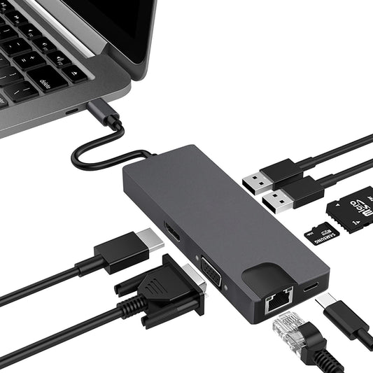 Multi-Function USB-C Hub with HDMI, VGA, Card Reader, Gigabit LAN & Charging Port