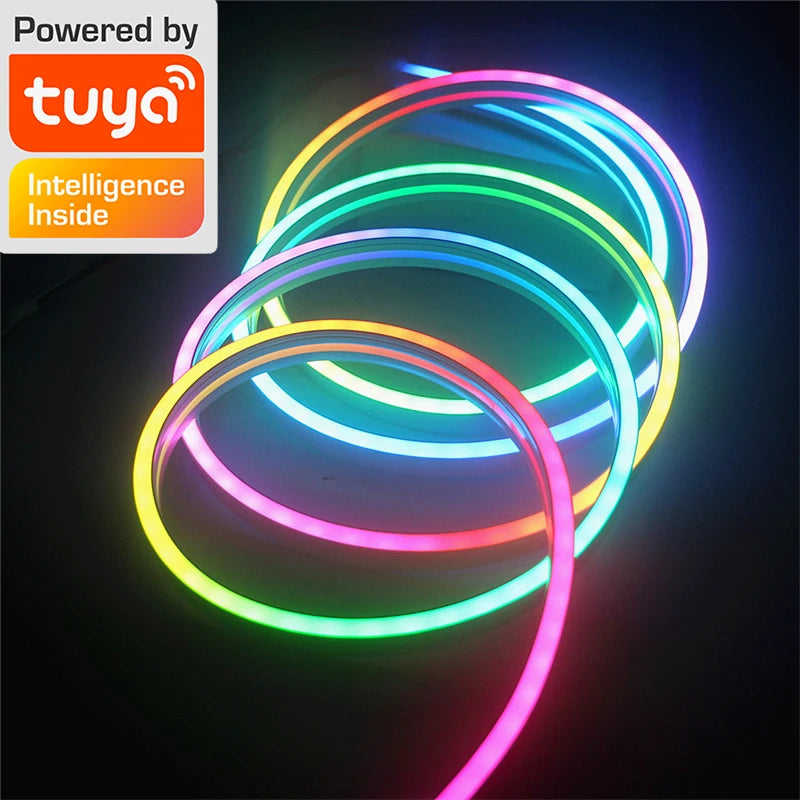 TUYA Neon LED Strip Lights 12-24V 84LEDs/M Silicone Neon Rope Light with Music Sync RGBIC Dreamcolor Chasing Strip Tape for Room