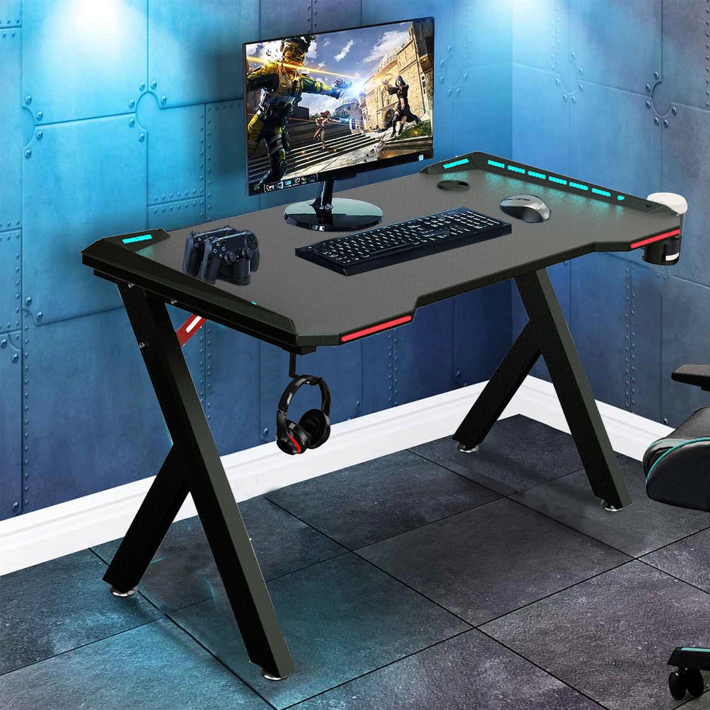 Gaming Desk PC Workstation with RGB LED Lights – Ergonomic Design, Headphone Hook & Cup Holder