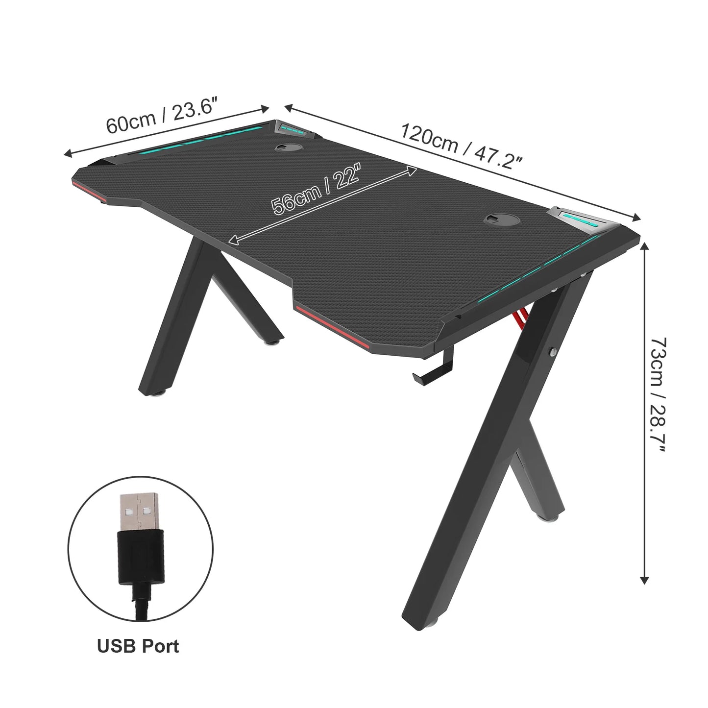 Gaming Desk PC Workstation with RGB LED Lights – Ergonomic Design, Headphone Hook & Cup Holder