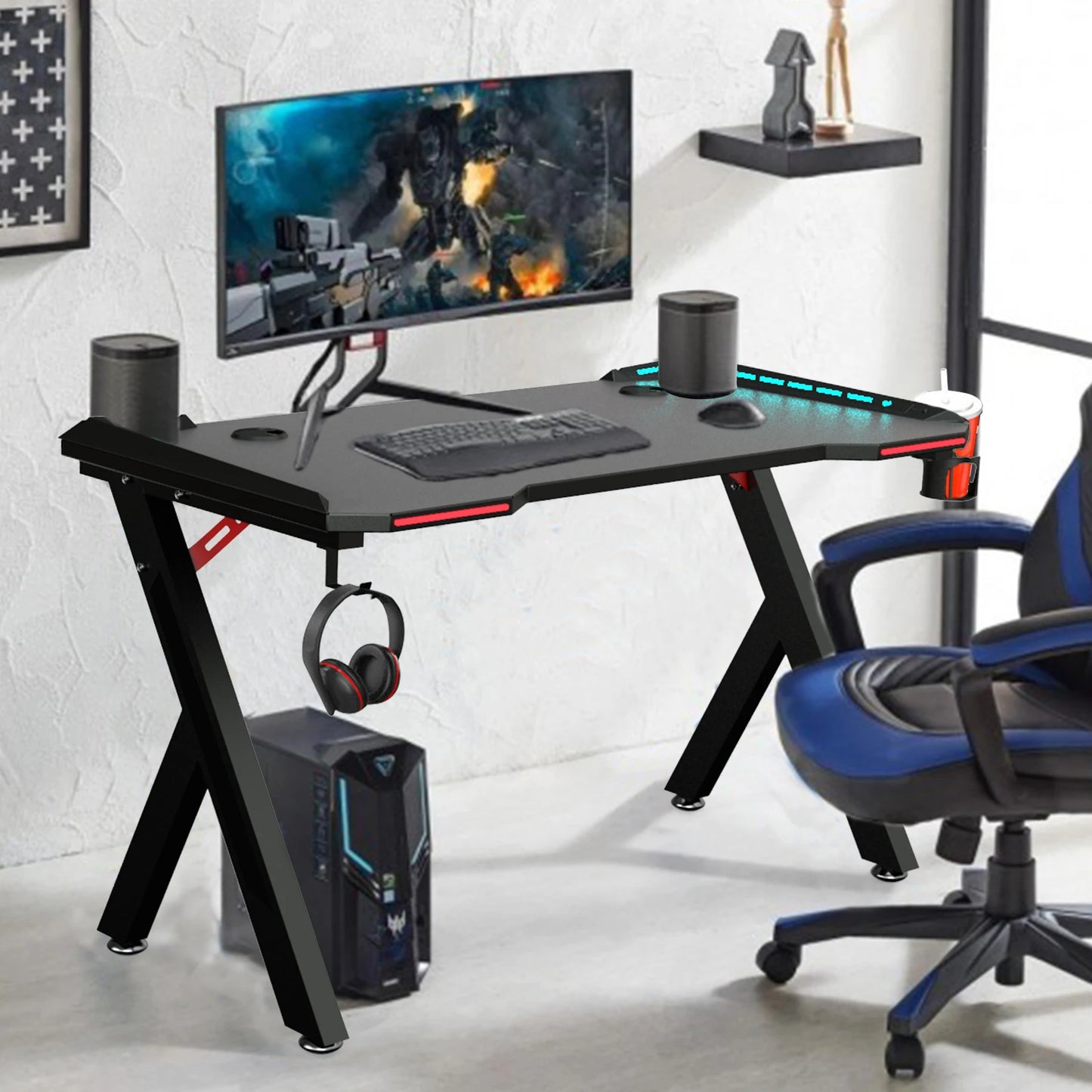 Gaming Desk PC Workstation with RGB LED Lights – Ergonomic Design, Headphone Hook & Cup Holder