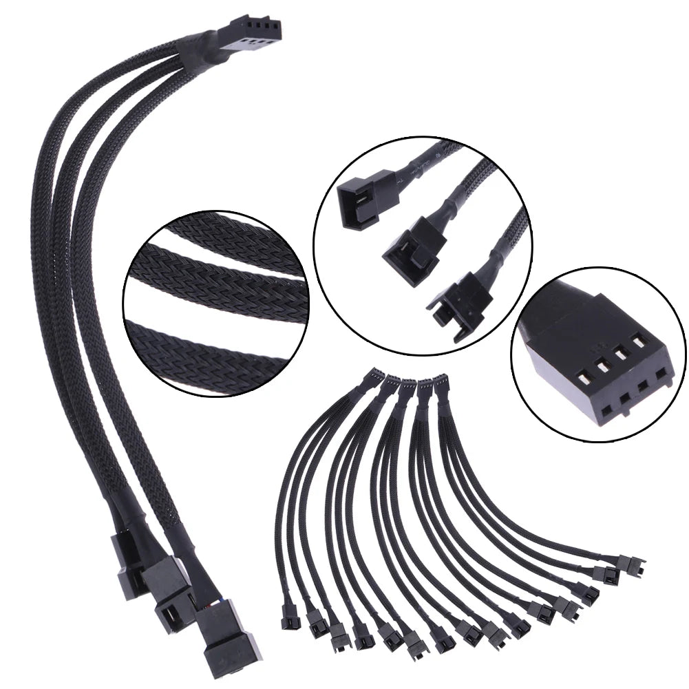 4-Pin PWM Fan Splitter Cable - 1 to 3 Ways, Black Sleeved, Extension for CPU Cooler & Case Fans