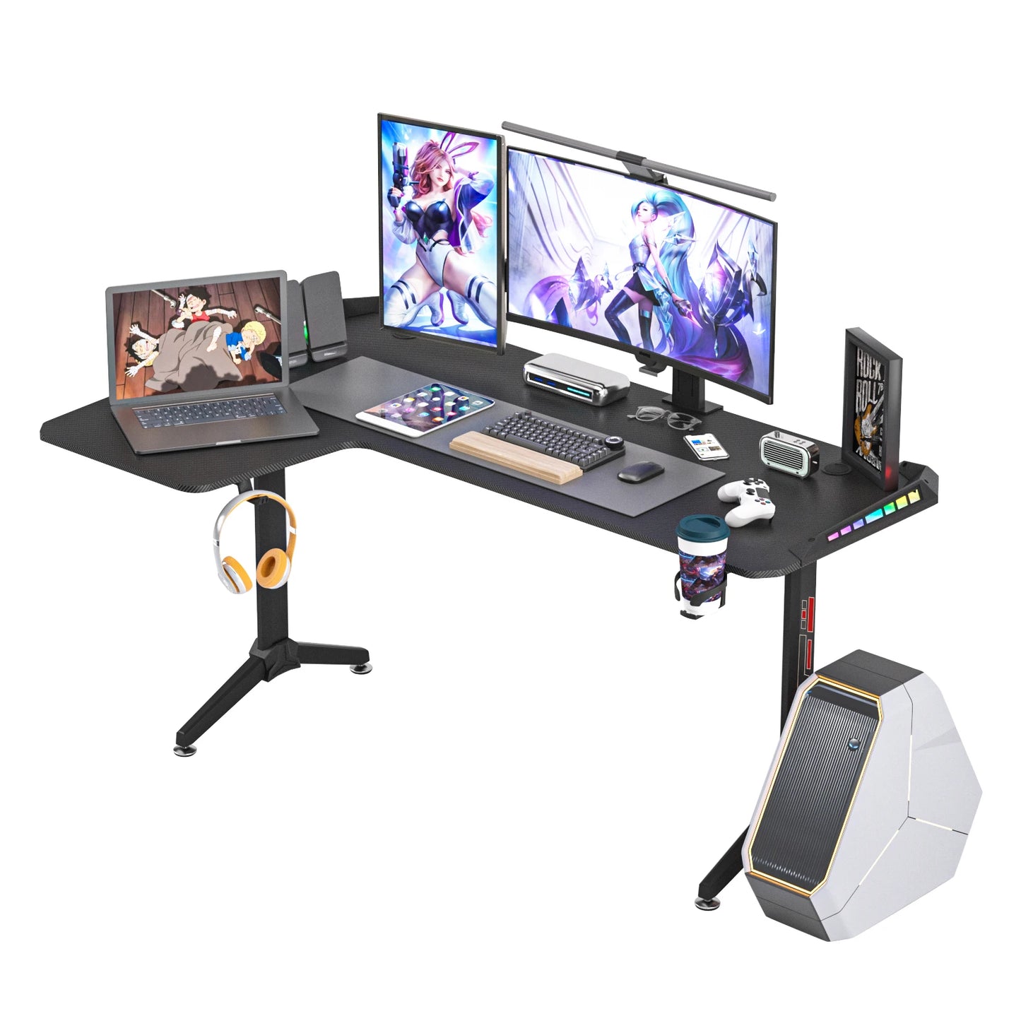 Large Standing Desk L Shaped, 60 Inch Gaming Desk, Rising Sit Stand Up Corner Desk with RGB LED Lights for Computer Home Office