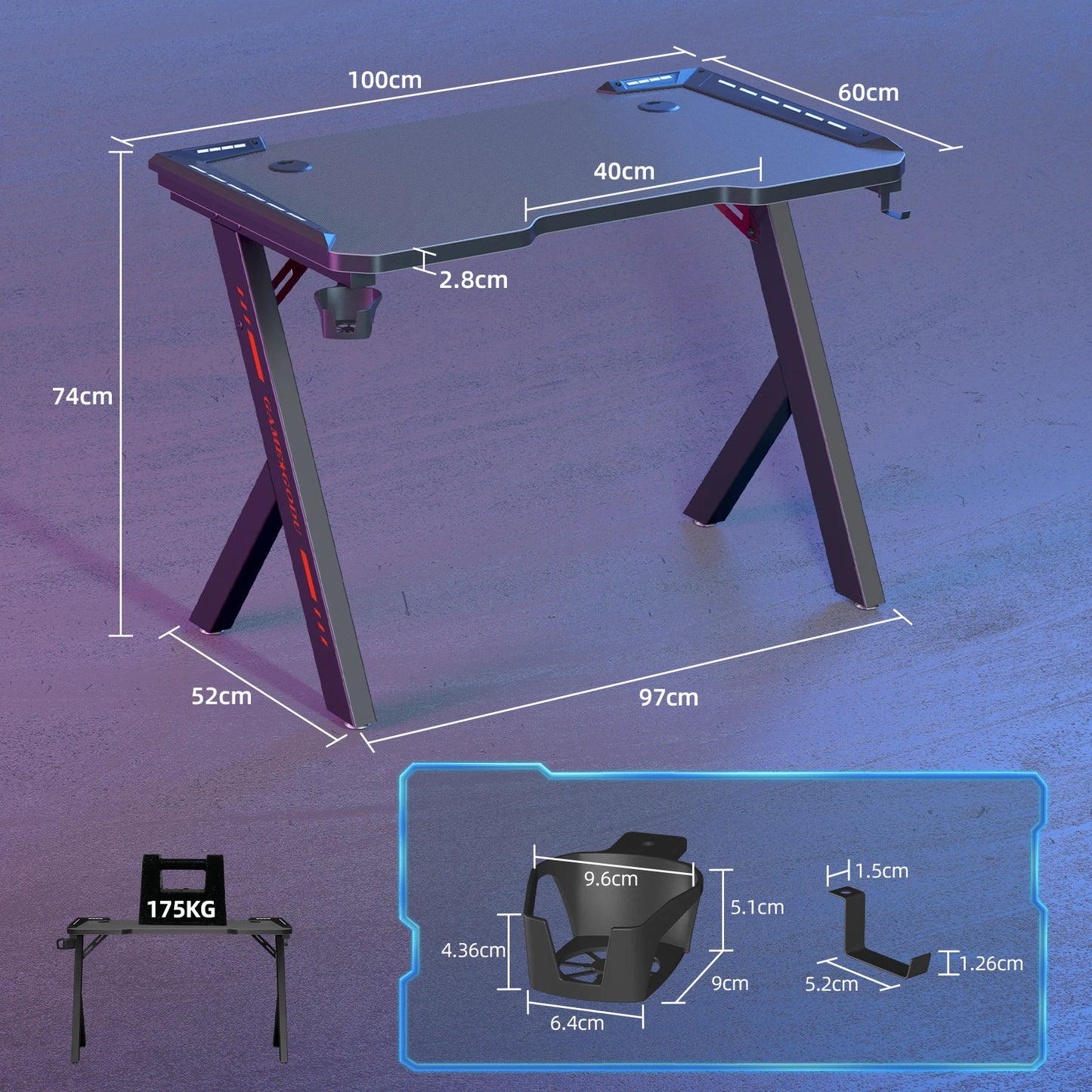 Gaming Desk PC Workstation with RGB LED Lights – Ergonomic Design, Headphone Hook & Cup Holder