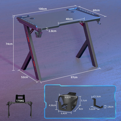 Gaming Desk PC Workstation with RGB LED Lights – Ergonomic Design, Headphone Hook & Cup Holder