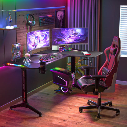 XXXL Large Corner Gaming Desk L Shape Gamer Computer Table RGB LED Lighted Table with Cup Holder and Headphone Hook