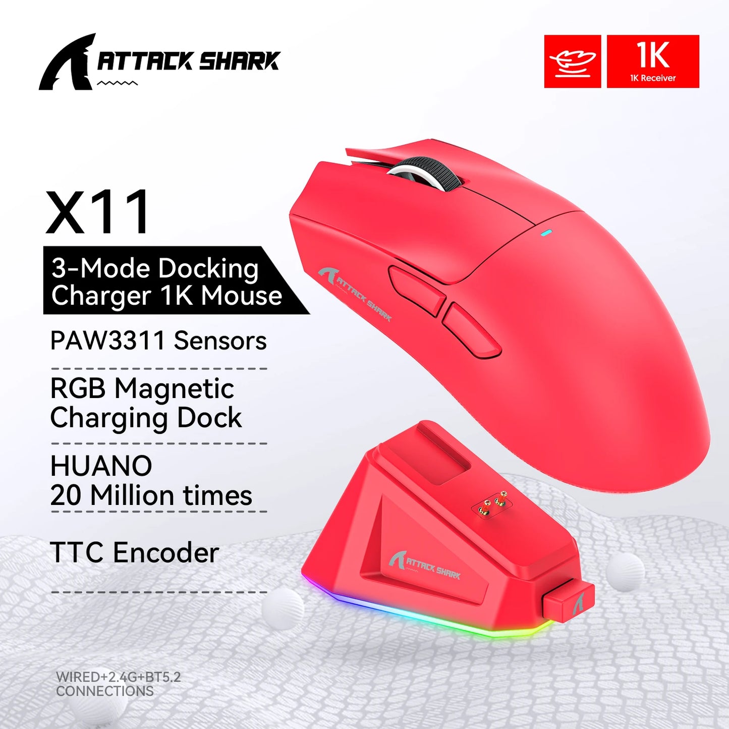 Attack Shark X11 Wireless Gaming Mouse – 22000DPI, RGB, Bluetooth, 3 Modes, Charging Dock