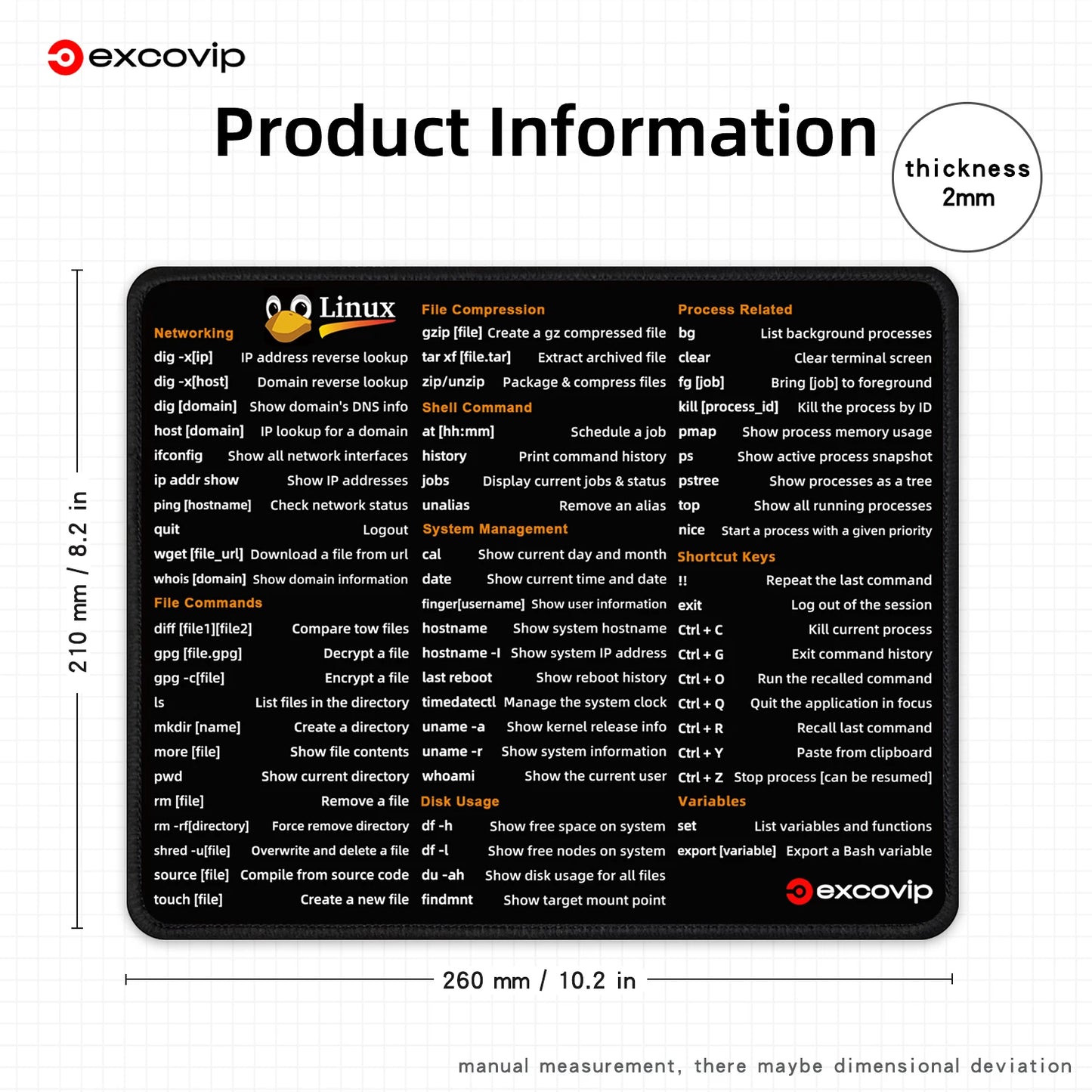 EXCO Linux Shortcuts Mouse Pad – 260x210mm, Non-Slip Rubber Base, Stitched Edge, Command Line Cheat Sheet