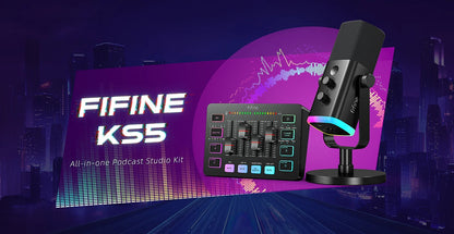 FIFINE All-in-One Podcast Kit with RGB Audio Mixer,Streaming Studio Set with Dynamic Mic for PC Gaming Recording-Ampligame KS5