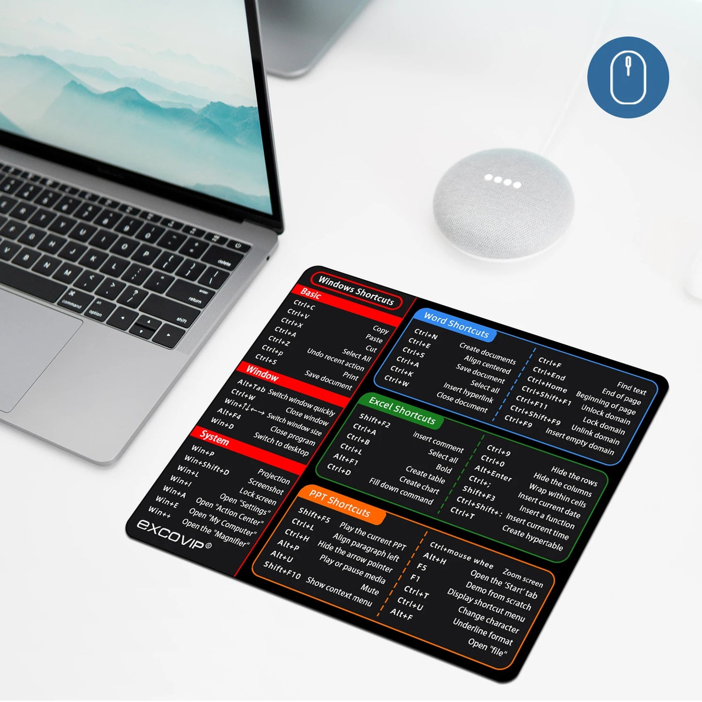 EXCO Office Shortcuts Mouse Pad – Small Non-Slip Rubber Base