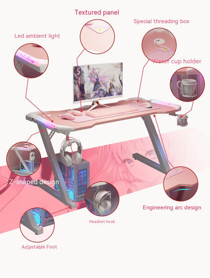 New Pink gaming table with RGB light fashion female anchor computer desk bedroom study desk girls boy black desk 100/120CM desk