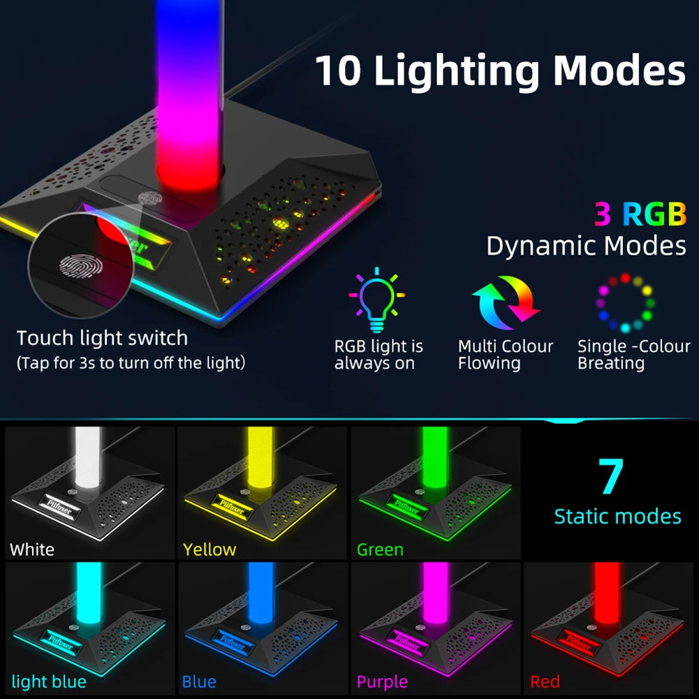 RGB Gaming Headphone Stand – USB Hub, Rhythm Light, Alloy Desk Display Holder for Headsets