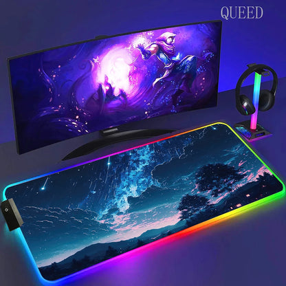 Led Large Desk Mat Fantasy Mountain Landscape Rgb Mousepad Carpet with Backlight Mausepad Lockrand Colorful Mouse Pad Desk Mats
