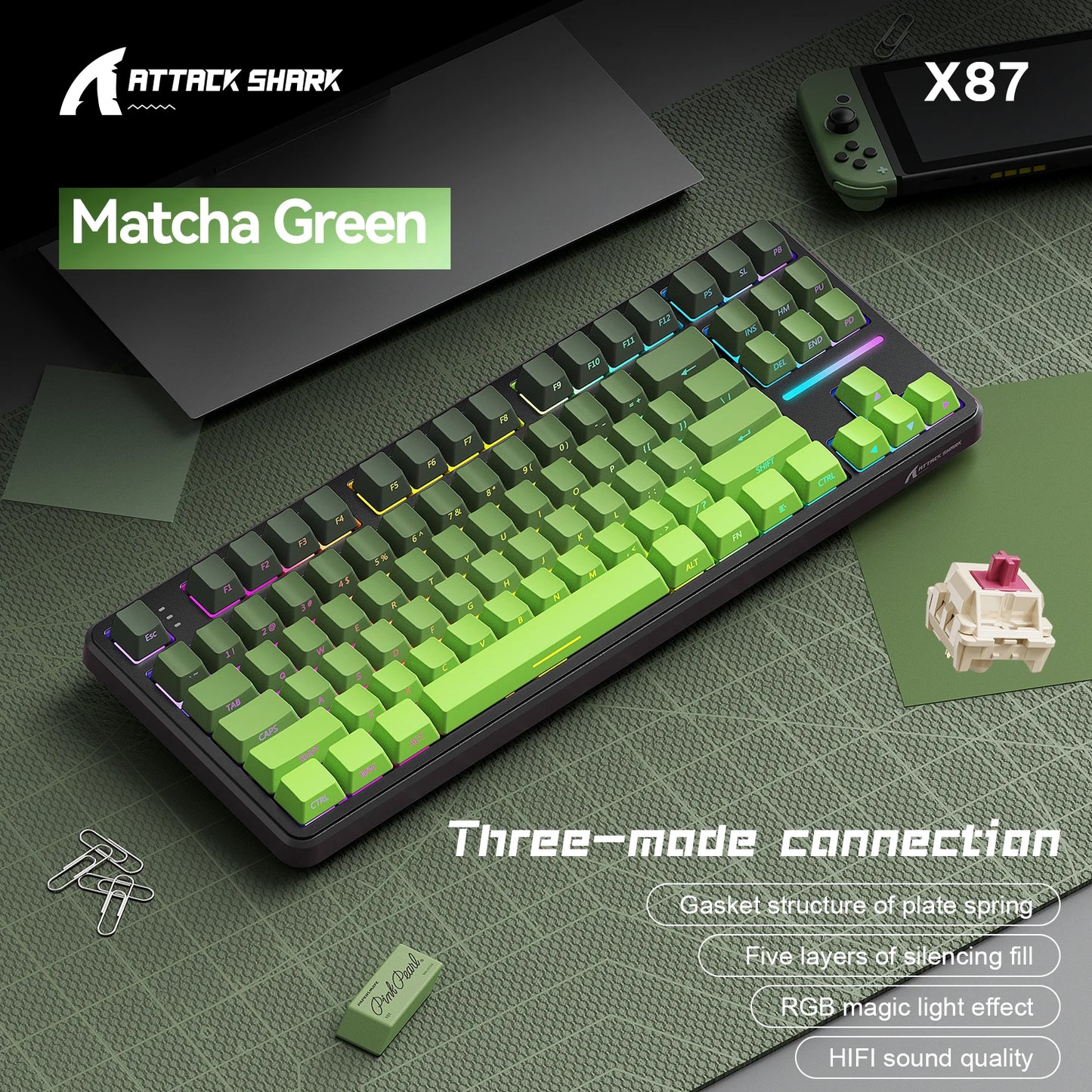 Attack Shark X87 Wireless Mechanical Gaming Keyboard – RGB, Hot-Swappable Strawberry Axis, 87 Keys