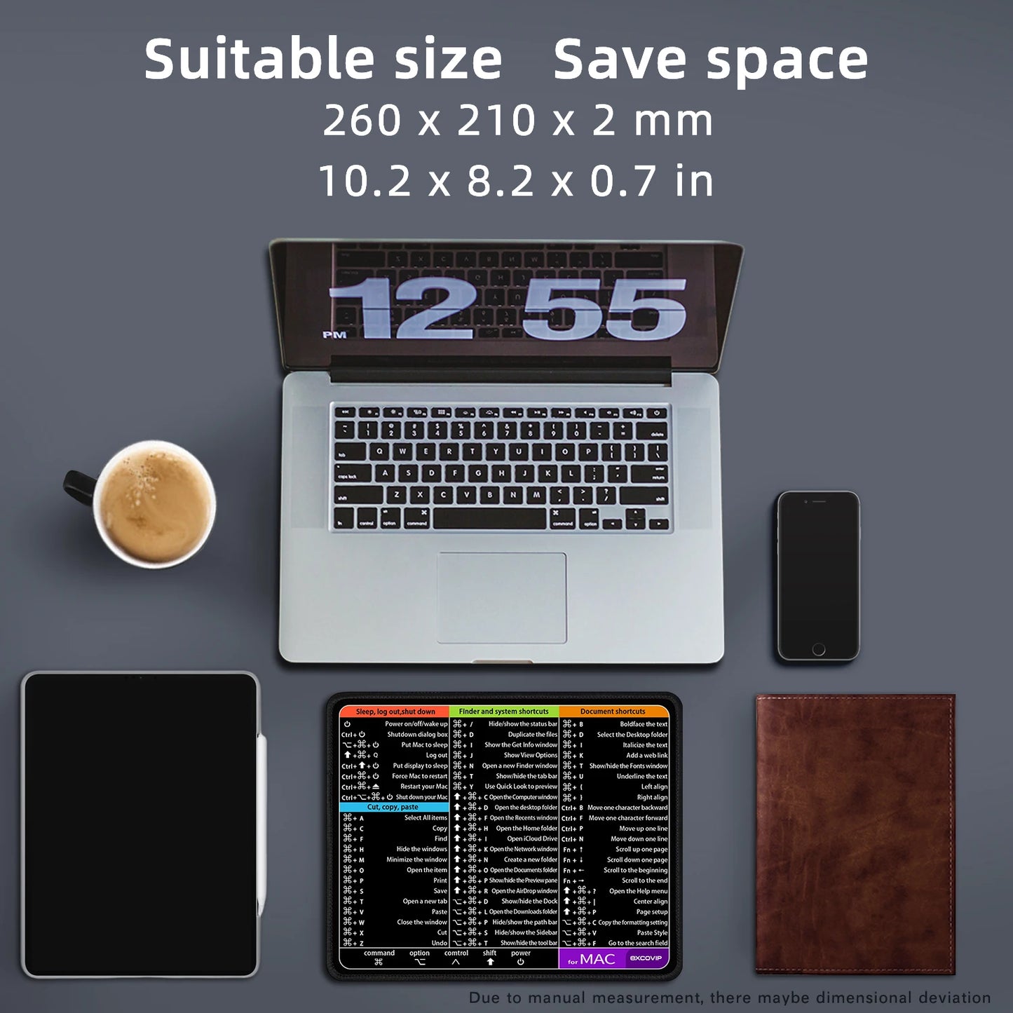 EXCO Mac OS Shortcuts Mouse Pad – Small 260x210mm, Non-Slip Rubber Base, Stitched Edge, Portable Office Mat