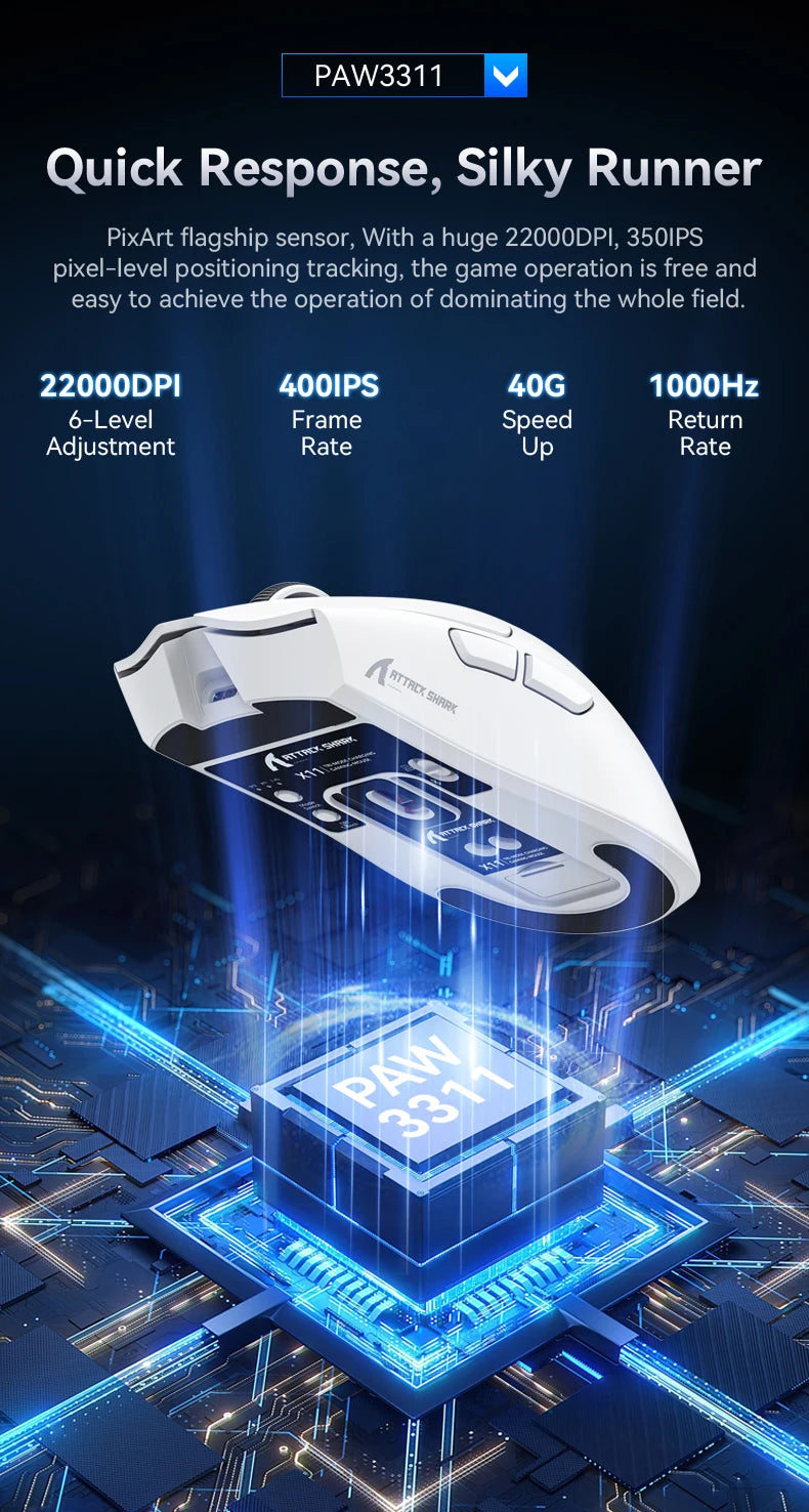 Attack Shark X11 Wireless Gaming Mouse – 22000DPI, RGB, Bluetooth, 3 Modes, Charging Dock