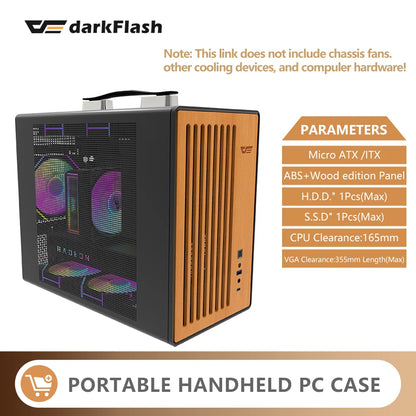 DarkFlash WD200 Portable Handheld PC Case – M-ATX/ITX, Aluminum & Wood Edition, USB 3.0 Type-C, DIY Gaming Chassis