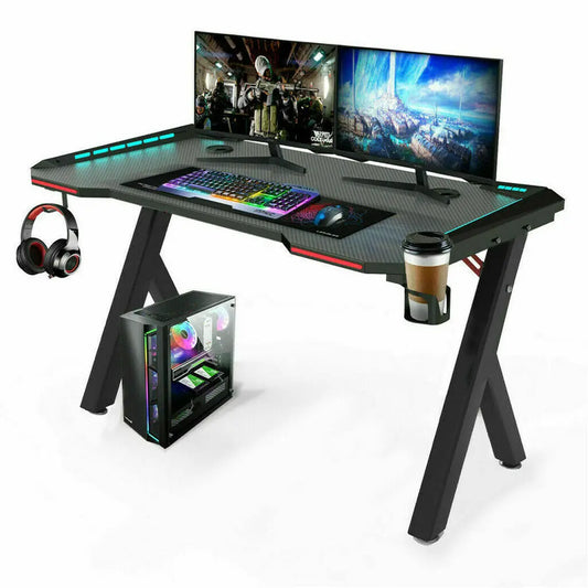 Gaming Desk PC Workstation with RGB LED Lights – Ergonomic Design, Headphone Hook & Cup Holder