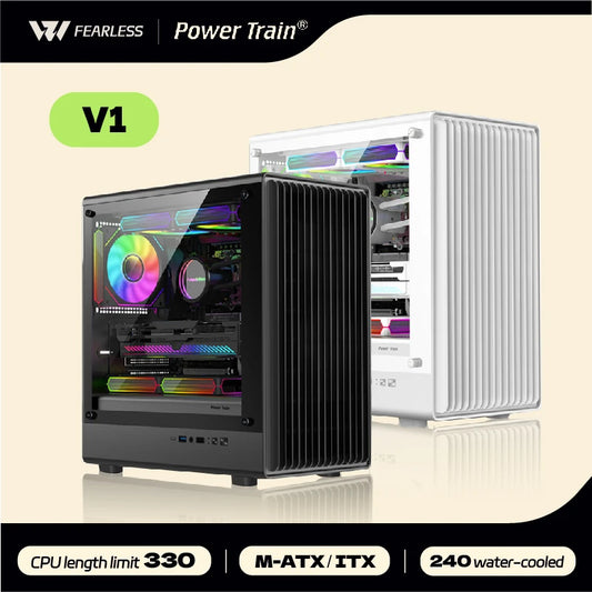 Power Train V1 MATX/ITX PC Case – Tempered Glass, Vertical Chassis, 240/280mm Water Cooling Support