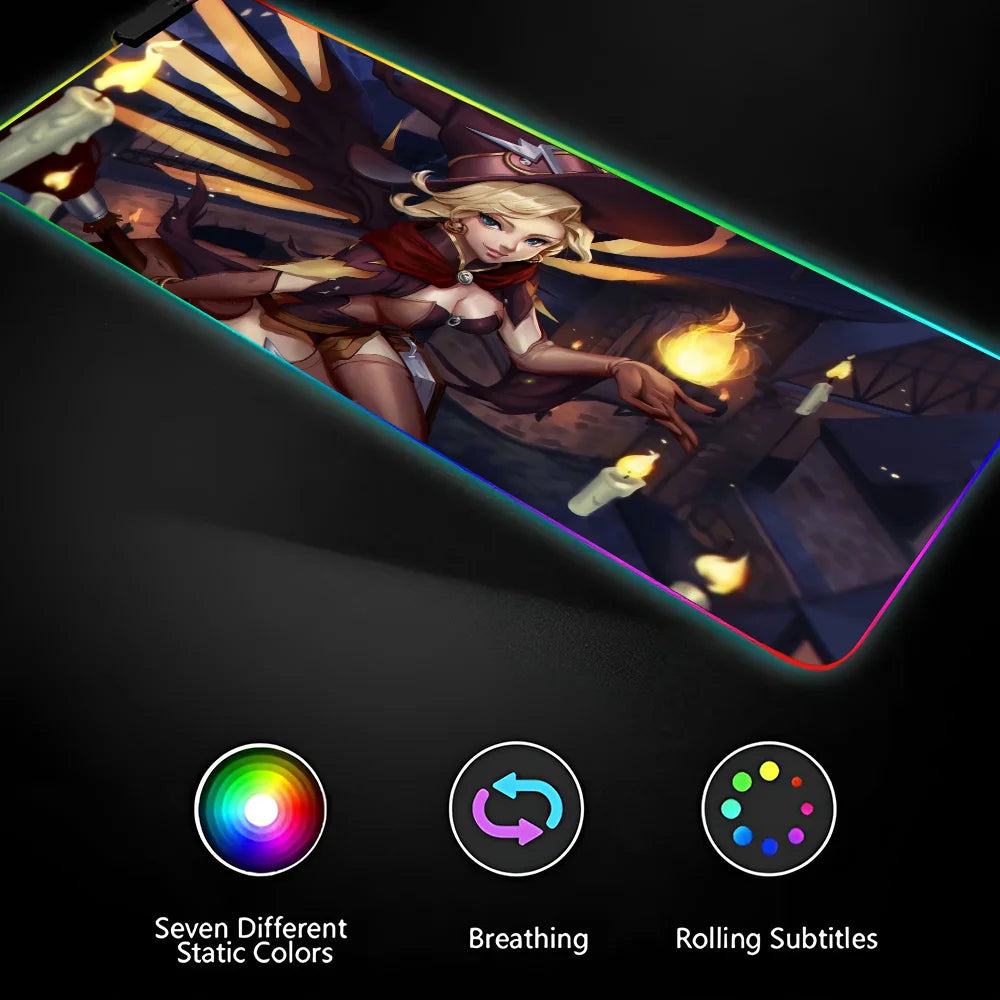 Witch Mercy Overwatch XXL RGB Gaming Mouse Pad - Large LED Gamer Mat