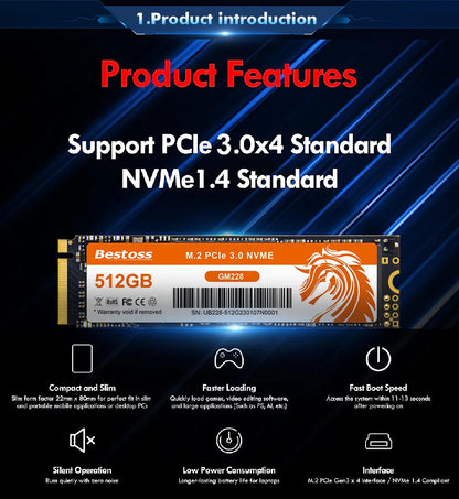 Bestoss NVMe M.2 SSD – 256GB/1TB, PCIe 3.0 x4, High-Speed Internal SSD for Laptops & Gaming PCs