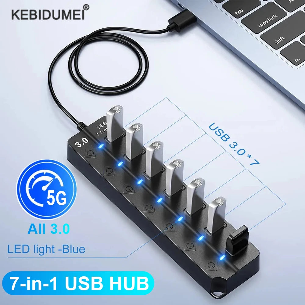 7-in-1 USB 3.0 Hub with Power Adapter & Individual Switches – High-Speed USB Expander