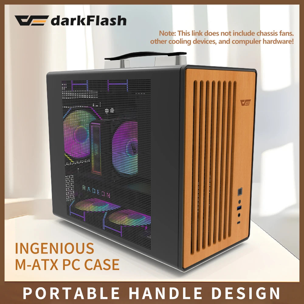 DarkFlash WD200 Portable Handheld PC Case – M-ATX/ITX, Aluminum & Wood Edition, USB 3.0 Type-C, DIY Gaming Chassis