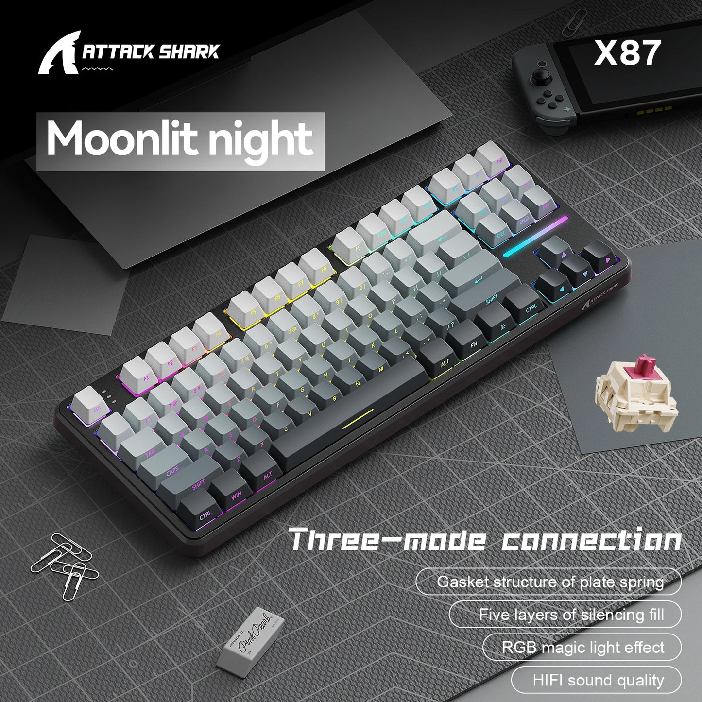 Attack Shark X87 Wireless Mechanical Gaming Keyboard – RGB, Hot-Swappable Strawberry Axis, 87 Keys