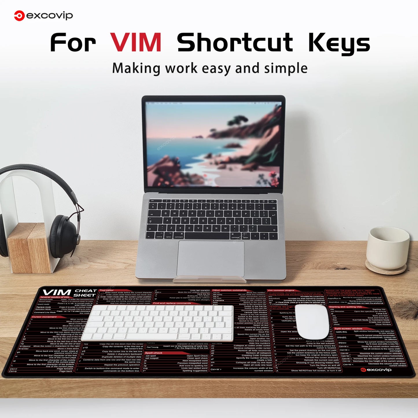 EXCO Vim Text Editor Mouse Pad – Large Cheat Sheet Desk Mat with Stitched Edge