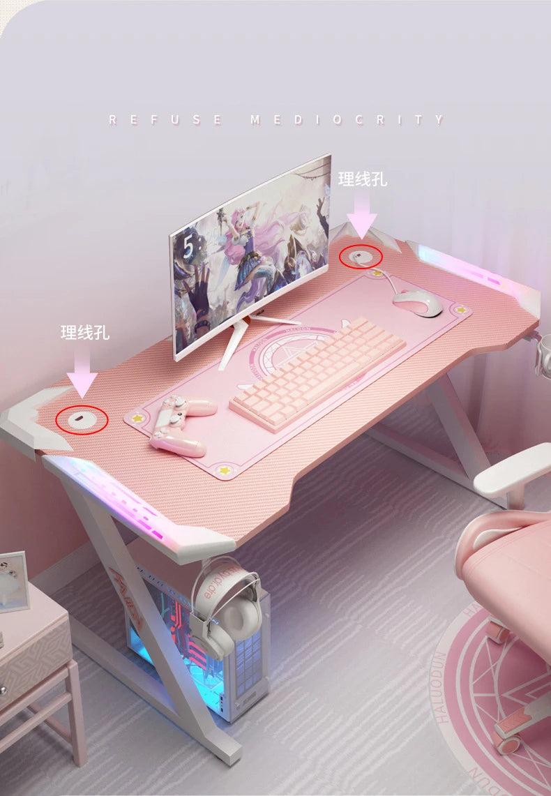 New Pink gaming table with RGB light fashion female anchor computer desk bedroom study desk girls boy black desk 100/120CM desk