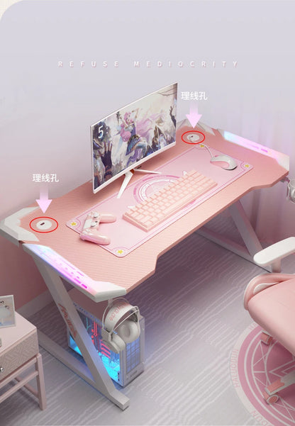 New Pink gaming table with RGB light fashion female anchor computer desk bedroom study desk girls boy black desk 100/120CM desk