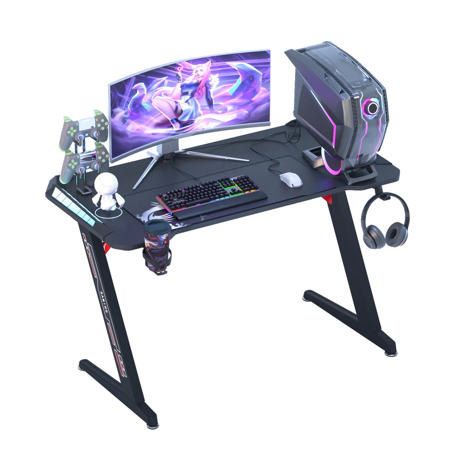 Z-Shaped Computer Gaming Desk with RGB LED Lights – 140cm Home Office Table