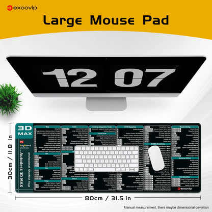 EXCO 3D Studio Max Shortcuts Mouse Pad – Large 800x300mm Desk Mat, Non-Slip Rubber Base, Stitched Edge