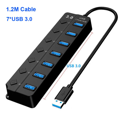 7-in-1 USB 3.0 Hub with Power Adapter & Individual Switches – High-Speed USB Expander