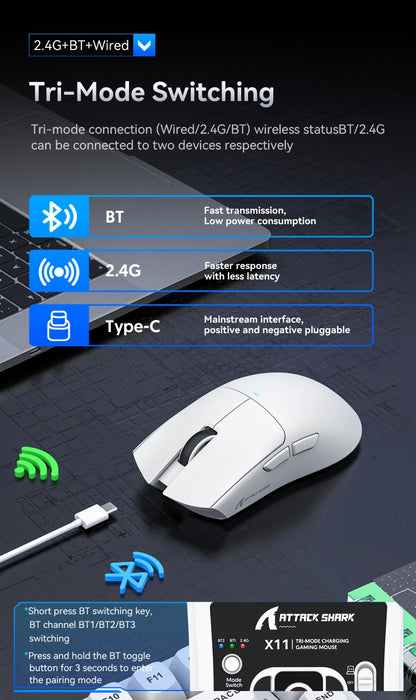 Attack Shark X11 Wireless Gaming Mouse – 22000DPI, RGB, Bluetooth, 3 Modes, Charging Dock