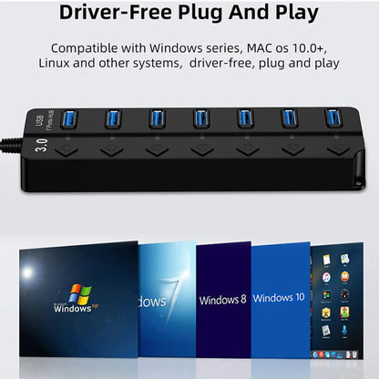 7-in-1 USB 3.0 Hub with Power Adapter & Individual Switches – High-Speed USB Expander