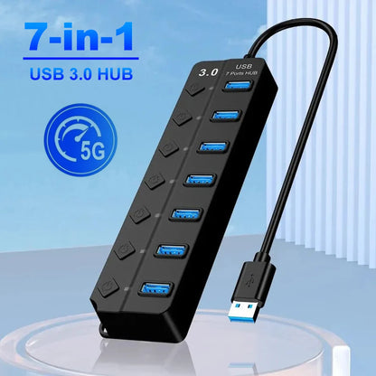 7-in-1 USB 3.0 Hub with Power Adapter & Individual Switches – High-Speed USB Expander